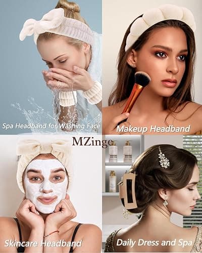 5 Pcs Spa Headbands for Wash Face, Makeup Headband, Facial Skincare Headbands, Puffy Sponge Spa Headband Bow Tie Hair Band Hair Clips Wristband Set Women Girls (khaki) thumbnail 6