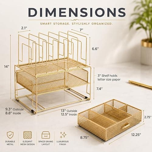 BLU MONACO | Gold Desk Organizer With Drawer | Metal Mesh File Holder & Vertical File Organizer | Desktop Storage for Office Supplies, Papers & Folders | 9.3" D x 13" W x 14" H thumbnail 3