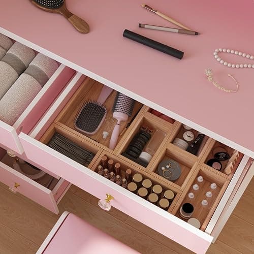AIEGLE Lighted Makeup Vanity Set - 3 Color LED Mirror, Drawers & Cushioned Stool, Pink Round Mirror - Pink - Round Mirror thumbnail 4