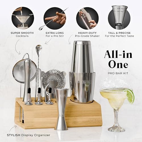 BARE BARREL® Mixology Bartender Kit Bar Set | 14-Piece Cocktail Shaker Set | Martini Barware Mixing Tools for Home Bartending | Incl. 35 Recipe Cards | Gift Set (28oz Boston Shaker, Silver/Natural) thumbnail 3