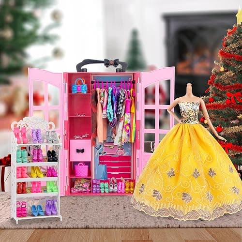 Ecore Fun 120 Pcs Fashion Doll Closet Wardrobe for Clothes and Accessories Storage Include Clothes, Dresses, Shoes, Shoes Rack, Bags, Necklace, Hangers for 11.5 Inch Girl Doll Clothes thumbnail 7