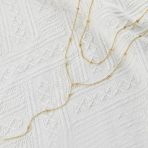 Foxgirl Lariat Gold Necklace for Women, Dainty Long Necklace 14k Gold Plated/Silver Y-Shaped Pendant Necklace Trendy Layered Cz Beaded Chain Drop Necklaces Simple Gold Jewelry For Women Gift thumbnail 6