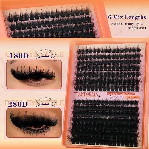 Thick Lash Clusters With Spikes 180D+280D Volume Eyelash Clusters 12-22MM Long Manga Lash Extension Spiky Cluster Eyelash Extensions 224Pcs Manga Individual Lashes DIY at Home by Anforlin thumbnail 5