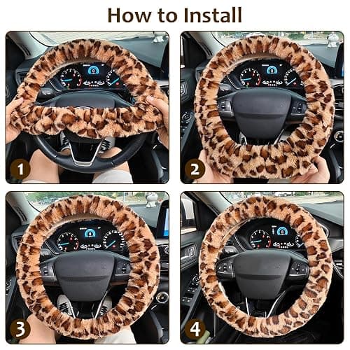 Accmor Fuzzy Car Steering Wheel Cover, Universal Fit Fur Auto Wheel Cover & Handbrake Cover & Gear Shift Cover Set, Leopard Warm Fluffy Vehicle Wheel Protector Car Accessories for Men Women (Brown) thumbnail 6