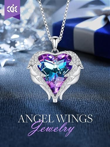 CDE Christmas Gifts for Women Angel Wings Necklace for Women with Birthstone, Love Heart Silver Tone/Gold Tone Pendant, Ideal Anniversary or Birthday Jewelry Gifts for Wife Girlfriend Her thumbnail 3