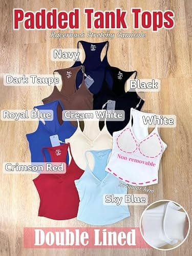 Danysu Padded Tank Tops for Women Double Line V Neck Racerback Camisole | No See Through, Sewn‑in Padded, Fitted Stretchy, Spaghetti Strap, Seamless, Crop Length, Y2K, Yoga, Casual, Summer Cami Tops thumbnail 4