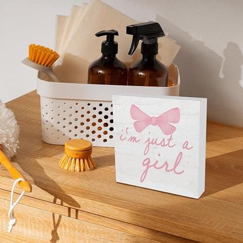 CUANFDDSF Trendy Pink Bow Coquette Room Decor Wooden Box Sign, Coquette Party Decor, Girls Room Decors, i’m Just a Girl Girly Bowknot Signs for Home Dorm Wall Desk Shelf Tabletop Decoration 5X5In thumbnail 2