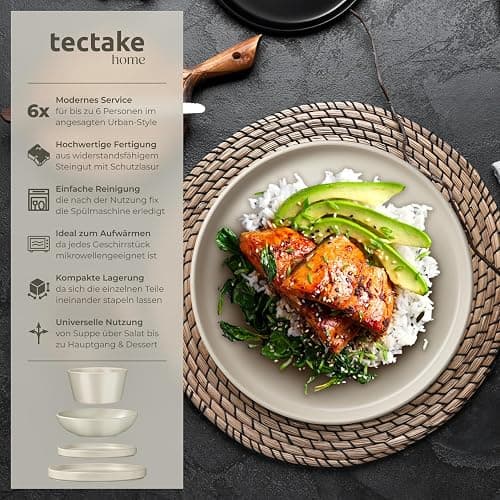 tectake® 24-tlg. Geschirrset, Tafelservice 6 Personen, Steingut Geschirr Set, Teller Set mit Schalen, Speiseteller, Frühstücksteller, tiefe Teller und Schüsseln - taupe thumbnail 3