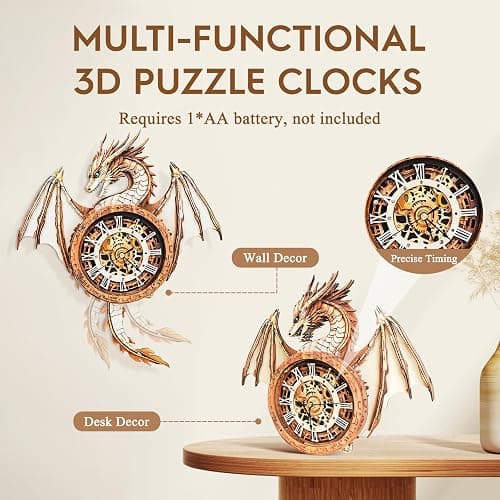 Cutywood 3D Puzzle for Adults Clock-Dragon Design Model Kit-Mechanical DIY Pendulum Clock with Roman Numerals-Desk Office Home Decor Personalized Gift for DIY Lovers thumbnail 7