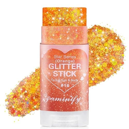 Paminify Orange Hair Glitter Stick,Cheer Orange Body Face Glitter Stick,Waterproof Singer Concert Outfits for Women,Mardi Gras Accessories,Halloween Chunky Glitter Cosplay Makeup Sequins - Image 1