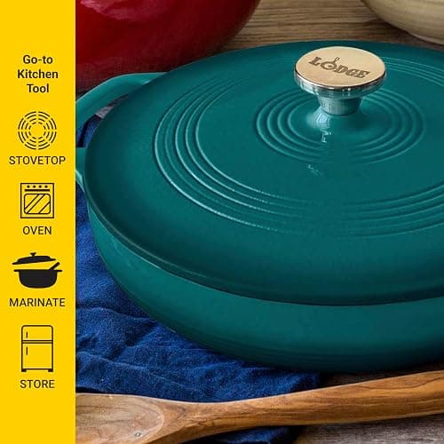 Lodge 3.6 Quart Enameled Cast Iron Covered Casserole with Lid – Dual Handles – Oven Safe up to 500° F or on Stovetop - Use to Marinate, Cook, Bake, Refrigerate and Serve – Lagoon thumbnail 4