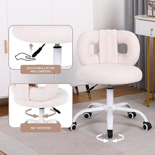 Ermnois Modern Faux Cashmere Home Office Chair, Height Adjustable Desk Chair with Back and Wheels for Living Room, Swivel Make-up Vanity Armless Chairs for Girls and Women (1, Cream) thumbnail 5
