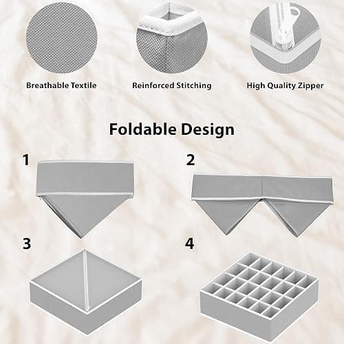 Simple Houseware 4-Pack Drawer Organizer Set - Closet Dividers for Underwear, Socks, Bras, Scarves, Ties - Foldable Non-Woven Storage Boxes, Gray thumbnail 6