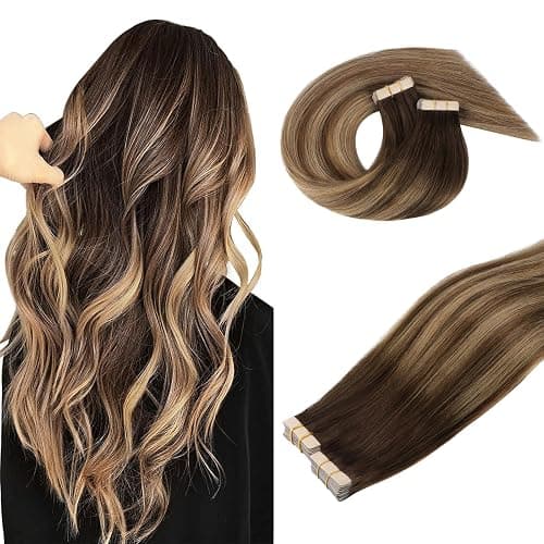 DOORES Tape in Hair Extensions, Balayage Chocolate Brown to Caramel Blonde 100g 40pcs 24 Inch, Real Human Hair Extensions Tape in Natural Hair Straight Tape Hair Extensions - Image 1