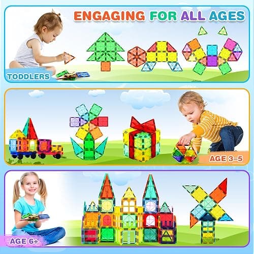 Magnetic Tiles, 135PCS Magnetic Building Blocks with 2 Cars, Large Magnet Building Set,STEM Sensory Educational Toys Gift for Toddlers Kids Boys Girls. thumbnail 6