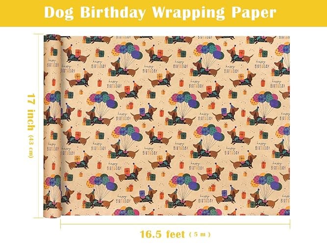WRAPAHOLIC Kraft Dog Birthday Wrapping Paper Roll - Mini Roll - 17 Inch x 16.5 Feet - Dachshund Dog Wrapping Paper Perfect for Kids Boys Girls Birthday, Dogs Lover thumbnail 3