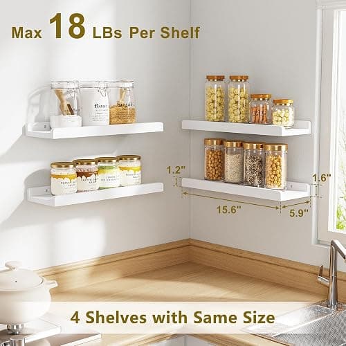 Love-KANKEI White Floating Shelves for Wall Set of 4, Wood Wall Shelves with Lip,15.6 Inch Rustic Hanging Shelves for Bedroom Bathroom Living Room Kitchen Nursery Display thumbnail 3