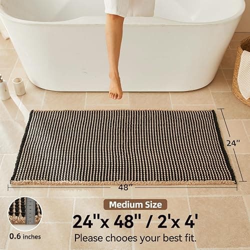 Triohero Waffle Bath Mat, Boho Bathroom Rugs Non Slip Washable, Ultra Soft Super Absorbent Quick Dry Farmhouse Bathroom Decor, 24" x 48", Black & Khaki thumbnail 2