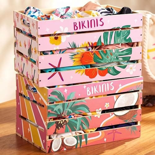 Novabright 2 Pack Large Bikini Box 16x12x9.5in Wooden Crate Box for Swimwear Storage Stackable Bikini Organizer Crate DIY Assembly Summer Pool Party Storage Bin (Tropical,Pink) - Image 1