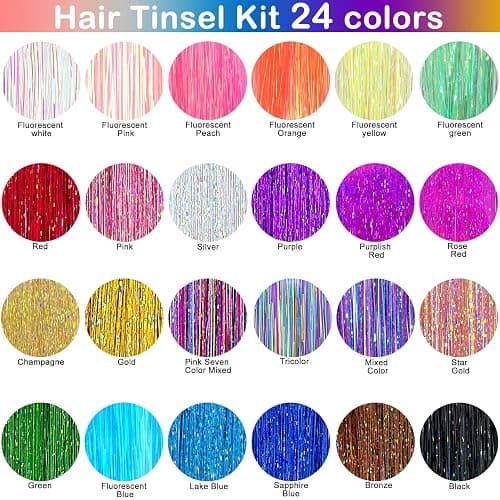 Hair Tinsel Kit (48 Inch, 24 Colors, 6000 strands), Tinsel Hair Extensions with Tools, Heat Resistant Glitter Hair Tinsel Kit for Women Hair Accessories thumbnail 3