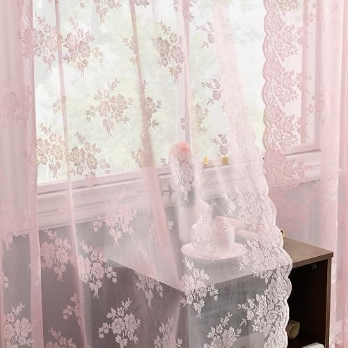 Kotile Pink Lace Curtains 63 Inch Length - Rustic Floral Patterned Pink Nursery Sheer Curtains, Rod Pocket Privacy Scalloped Lace Curtain for Girls Bedroom, 52 x 63 Inch, 2 Panels Set thumbnail 4