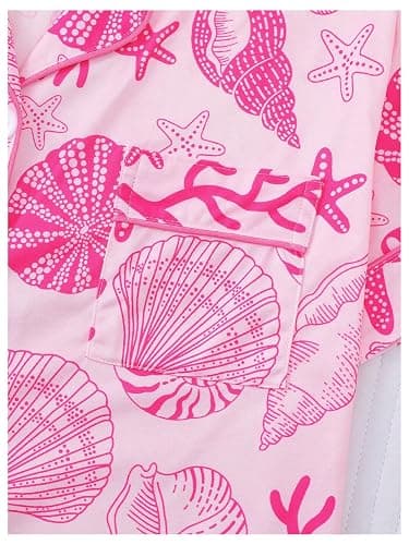 BEAUDRM Women's 2 Piece Pajama Sets Shell Print Short Sleeve Sleepwear Button Down Shirt and Bow Shorts Loungewear Pj Sets thumbnail 4