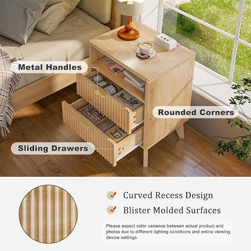 LYNCOHOME 2 Drawer Fluted Nightstand - Wooden Side Table with Open Storage Cabinet & Wood Legs for Bedroom - 1 Pack thumbnail 5