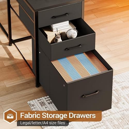 SEDETA L Shaped Gaming Desk, Reversible U Shaped Computer Desk with Power Outlet and Storage Shelves, Corner Gaming Desk with LED Lights, 3 Fabric Drawers, Black thumbnail 6