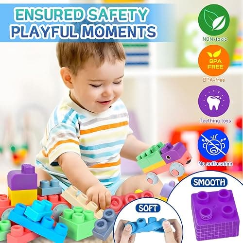 Lot de 46 blocs de construction souples STEM pour bébés de 6 mois et plus, cadeau éducatif en caoutchouc souple pour jeu sensoriel thumbnail 2