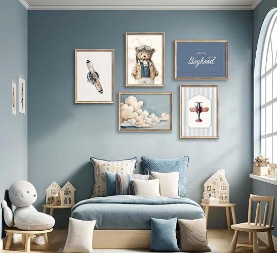 Vintage Baby Boy Nursery Wall Art Retro Airplane Travel Kids Room Canvas Wall Decor Teddy Bear Pictures Navy Blue Aviation Posters Cloudy Sky Painting Print Artwork for Boy Room Playroom, Unframed thumbnail 4