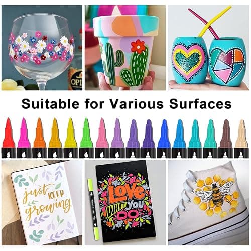 Artugn 24 Colors Acrylic Paint Pens, Dual Tip Pens With Fine Tip and Brush Tip for Rock Painting, Ceramic, Wood, Plastic, Calligraphy, Scrapbooking, Brush Lettering, Card Making, DIY Crafts thumbnail 5