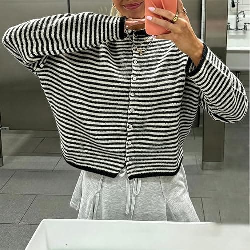 Women Knit Cardigan Sweaters Long Sleeve Button Down Loose Top | Striped Cardigans Women Casual Knitted Oversized Sweaters Y2k Vintage Jumper Knitwear Shirt Outwear Going out Top Streetwear thumbnail 2