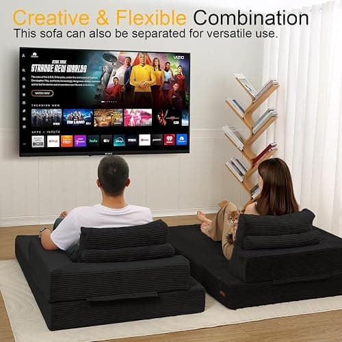 COMAX Convertible Sofa Bed, Folding Floor Couch Corduroy Fold Out Couch Bed Futon Sleeper Mattress with Pillows, Boneless Sofa Comfy Lounge Loveseat for Living Room Bedroom, Black thumbnail 4