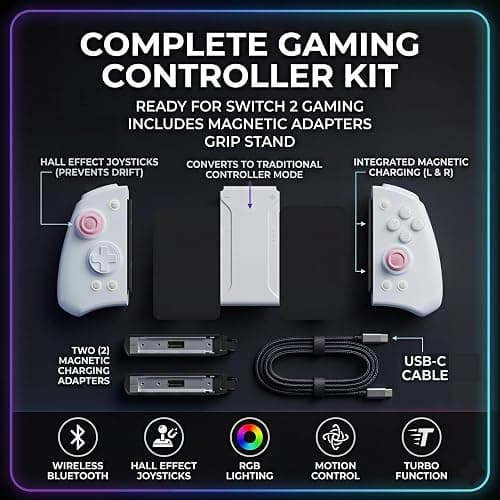 PLAYVEX Wireless Controller Compatible with Switch 2 Switch OLED and Switch Lite Includes Magnetic Charging Adapters Hall Effect Joysticks RGB Turbo Motion Control Grip Stand thumbnail 9