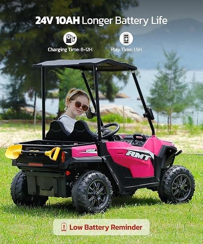 ELEMARA 24V Ride on Toy for Big Kid,Ride on Car 2 Seater w/Sun Shade,Dump Bed & Shovel,4.5MPH,4WD Electric Car for Kids,Battery Car w/Remote,Kids Ride on Truck,3 Speeds,LED Lights,Bluetooth, Hot Pink thumbnail 7
