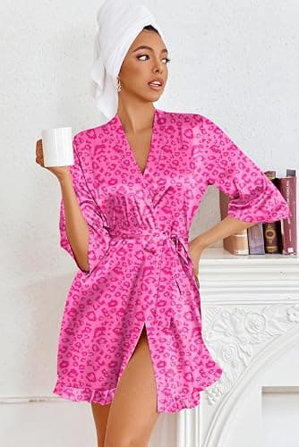 Ekouaer Women's Satin Robes Silk Kimono Bath Robe Short Ruffled Hem Bride Bridesmaid Sleepwear with Pockets thumbnail 2