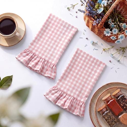 HunnmingRe Light Pink Kitchen Towels Set of 2, 100% Cotton Ruffled Gingham Dish Towels 18"x28" Absorbent Tea Cloths Classic Plaid Pattern for Farmhouse Charm, Drying Dishes, Entertaining Guests thumbnail 2
