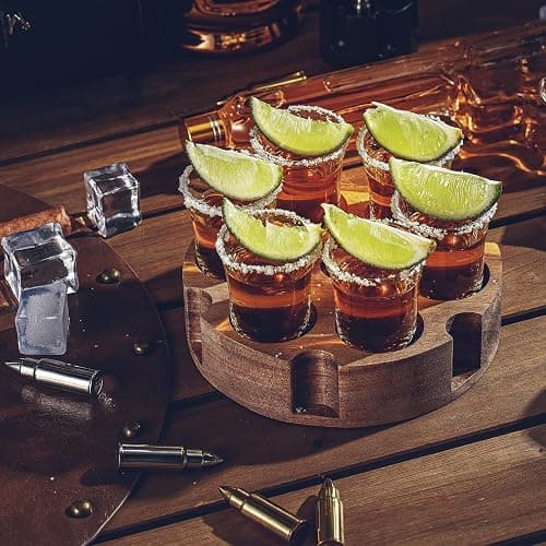 SUN GKOTTA Shot Glass Set Of 6,Tequila Glasses With Wooden Holder-Small Clear Shots For Restaurant,Bar,Party(Rustic Burnt Deluxe) thumbnail 7