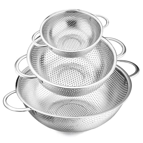 E-far Stainless Steel Colander Set of 3 (1-3-5Quart), Micro-Perforated Metal Colander Strainer with Handle for Kitchen/Draining Pasta/Rinsing Vegetables Fruits, Heavy Duty & Dishwasher Safe - 1 + 3 + 5 QT - Image 1
