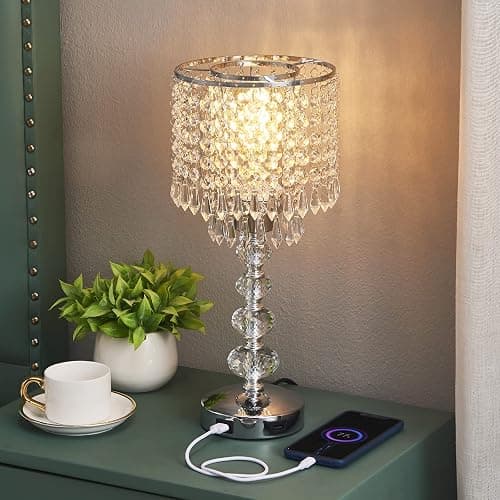 Acaxin Crystal Table Lamps for Bedroom Nightstand - Touch Bedside Lamps with Two USB Charging Ports Silver, 3 Way Dimmable Small Glam Lamp for Girls, Night Stand Lamp for Living Room thumbnail 2