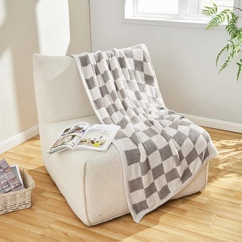 CozeCube Super Soft Fullfy Microfiber Reversible Knitted Blankets, Warm Cozy Fuzzy Plush Throw, Grey and White Checkered Throw Blanket for Couch Bed Sofa, 60" x 80" thumbnail 8