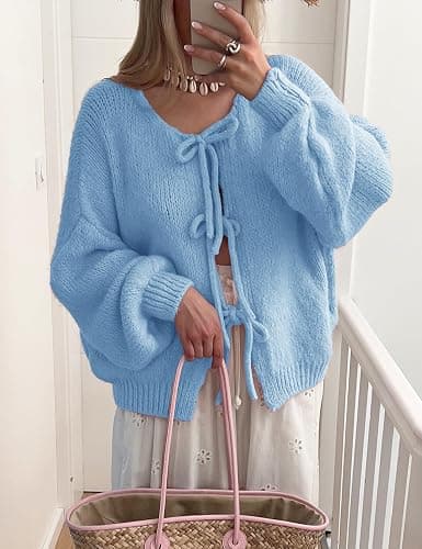 Lumister Cute Oversized Cardigan Sweaters for Women Y2K Long Sleeve V Neck Bow Tie Front Cadigan Knitwears Bow Tops thumbnail 2