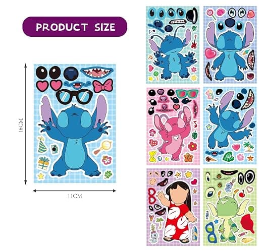 JCQAYB 24pcs Make a face Stitch Stickers for Kids,Mixed & Matched with 8 Characters(3of Each) Stickers, Make Your Own Sticker for Kids Teens Party Decoration, Reward, Decor (24pcs-Stitch) thumbnail 3