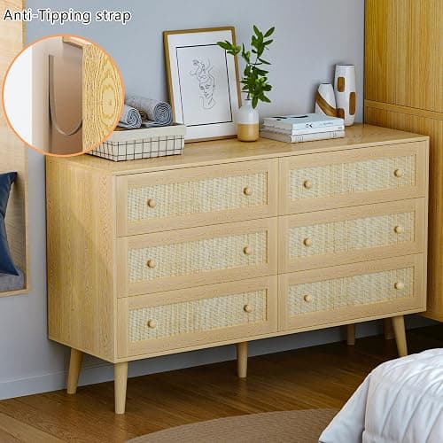 HUANLEGO Rattan Dresser for Bedroom, Modern 6 Drawer Dressers & Chest of Drawers, Natural Boho Dresser with Handles Wood Storage Organizer Modern Dressers for Closet, Hallway, Office thumbnail 7