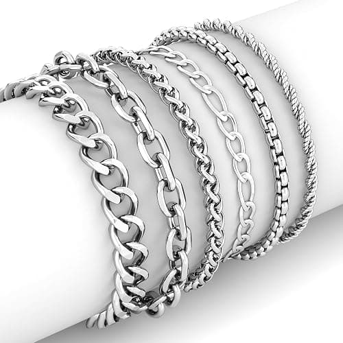 6PCS Stainless Steel Bracelets for Men, Silver Gold Black Sturdy Cuban Link Box Rope Wheat Chain Paperclip Figaro Bracelet for Women Men Jewelry Set thumbnail 3