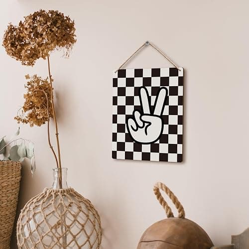 FUGWN Black and White Checkered Peace Sign Hanging Wooden Signs 8x10, Black Preppy Checkerboard Decor for Home Girls Boys Room Dorm, Preppy Checkered Home Decor Gifts for Teen Girls Boys Women thumbnail 5