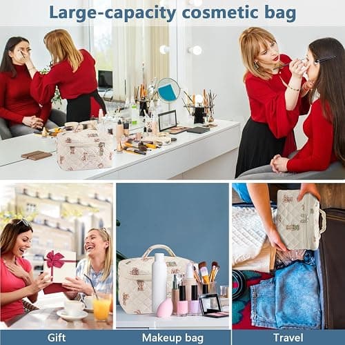 Large Makeup Bag, Cute Cosmetic Bag for Women Girls, Floral Coquette Aesthetic Toiletry Bag, Travel Make Up Organizer Bag (White-Bear) thumbnail 6