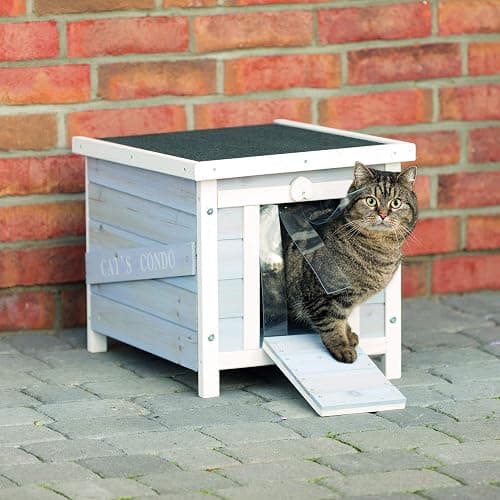 TRIXIE Small Outdoor Cat House, Weatherproof Cat Home with Raised Floor, Hinged Asphalt Roof & Covered Opening, Outdoor Shelter for Cats and Small Animals, Gray & White Fir Wood thumbnail 2