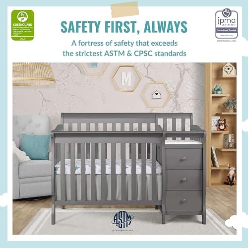 Dream On Me Jayden 4‑in‑1 Mini Convertible Baby Crib & Changer with Storage, Steel Grey, Pinewood, GreenGuard Gold & JPMA, 1” Mattress Pad, 3 Mattress Heights, Converts to Mini Day & Twin-Size Bed thumbnail 4