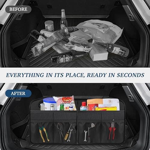 Femuar Car Trunk Organizer-Collapsible Car Storage for Suv/Jeep/Sedan | Large Capacity Waterproof Car Organization, Car Accessories for Women & Men, Tools, 600D Oxford,Black,2 Compartments thumbnail 5